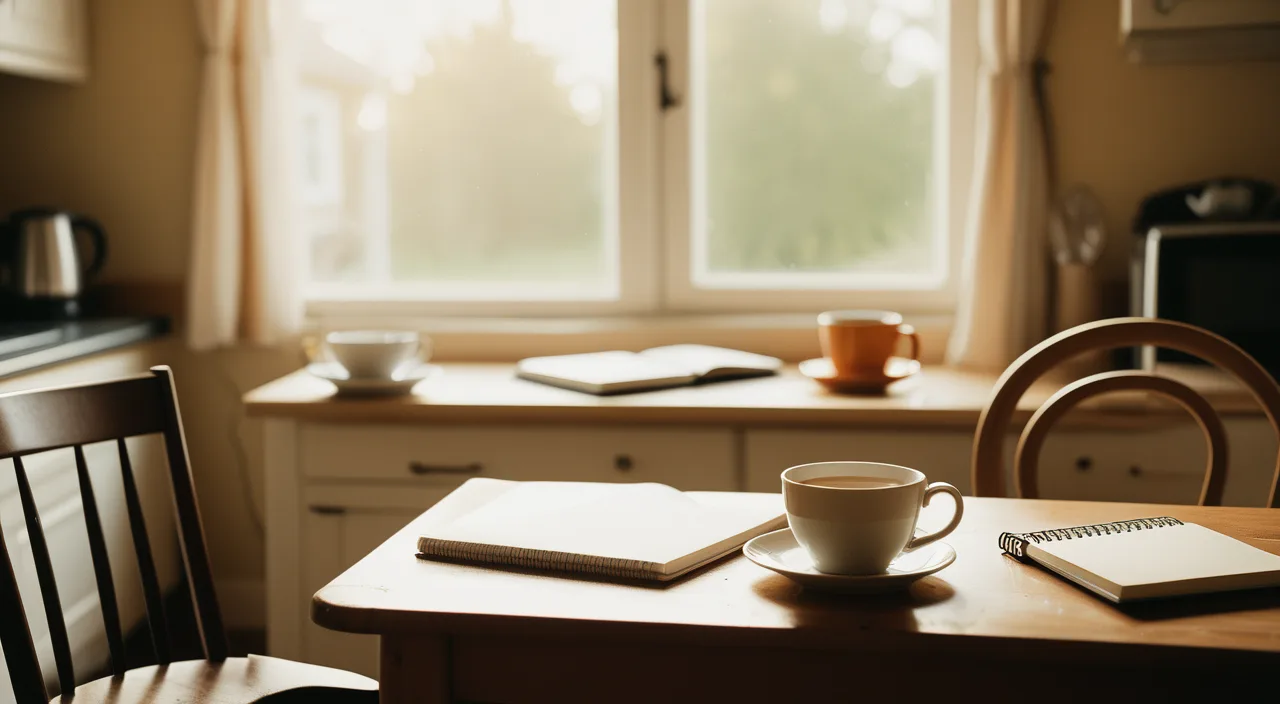Morning light over a kitchen table with a notebook and a cup