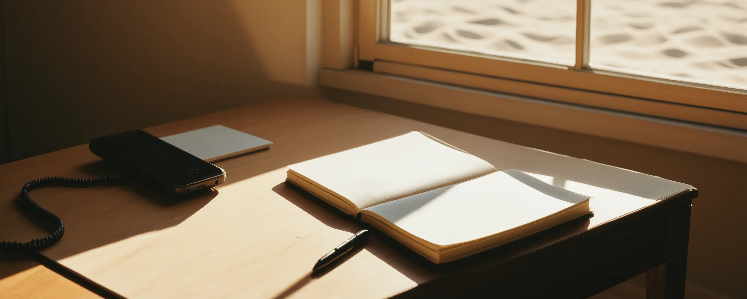 First morning light through a window over a calm desk, a phone lying face down