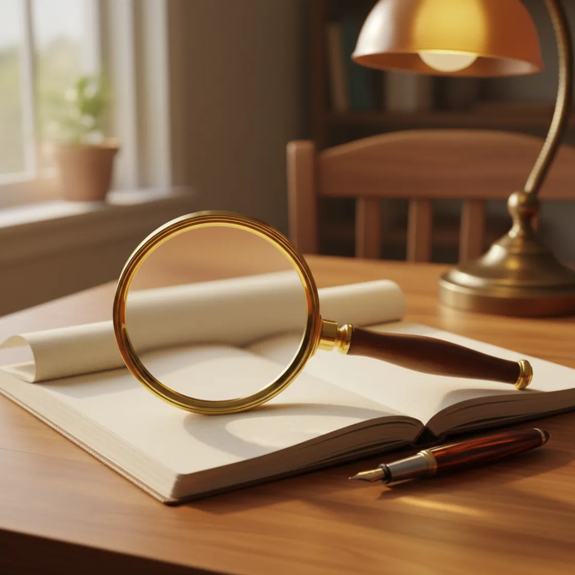 A magnifier and notebook on a warm desk, suggesting careful examination and record-keeping