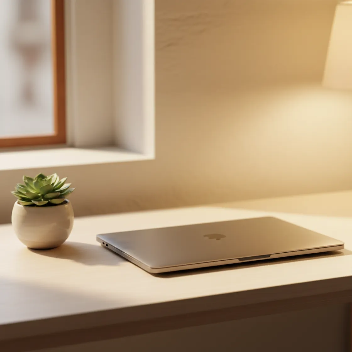A tidy desk with a laptop in warm light, conveying calm, focused action