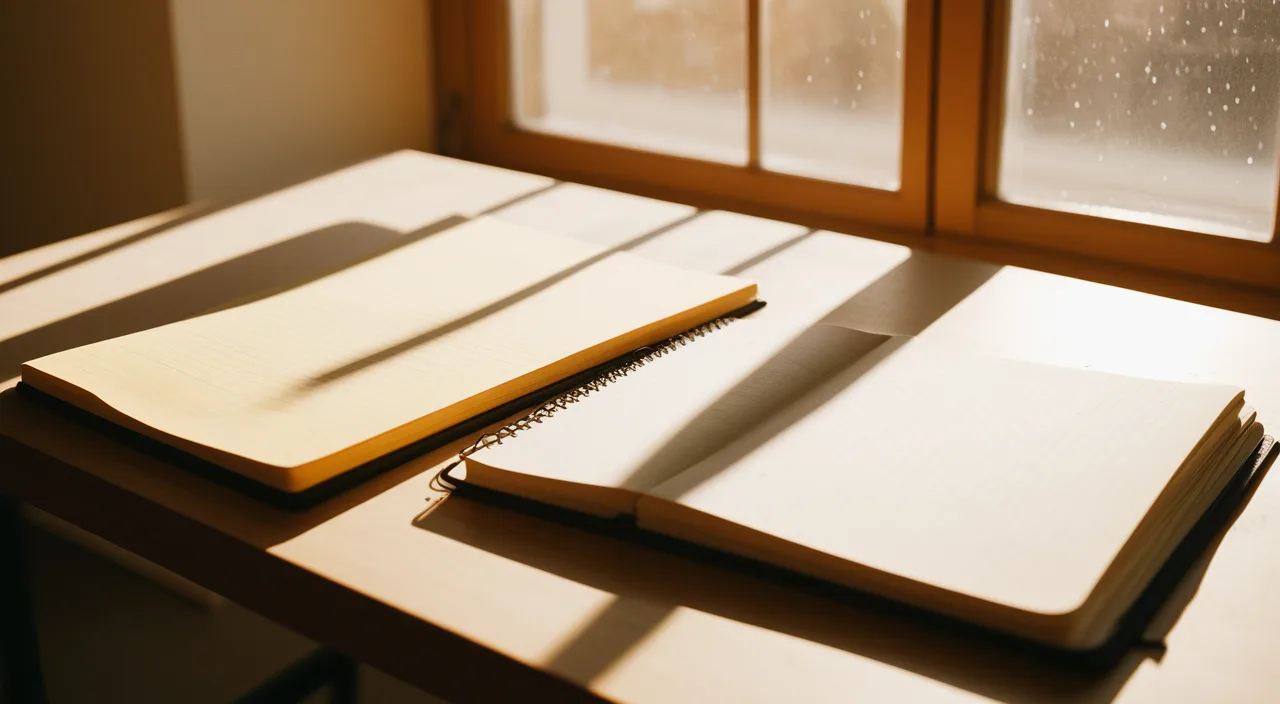 Two paths of warm light across a calm desk
