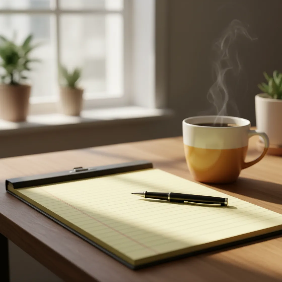 A calm desk with a notepad and warm light, suggesting a measured decision about legal options